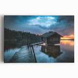 Black and white stretched canvas of a serene Finnish landscape, ideal for kitchen wall art.