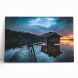 Black and white photograph of a serene Finnish landscape on large stretched canvas, ideal for kitchen wall art.