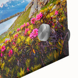 Large abstract depiction of the French Alps in muted earth tones on acrylic glass, suitable as dining room art.