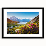 Extra large framed print of abstract French Alps in vibrant, textured colors, ideal for living room decor.