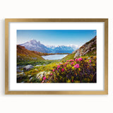 Abstract art print of the French Alps in muted earth tones on a framed canvas, suitable for dining room decor.