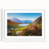 Textured art print of the French Alps in muted earth tones on a framed canvas, ideal for bedroom decor.
