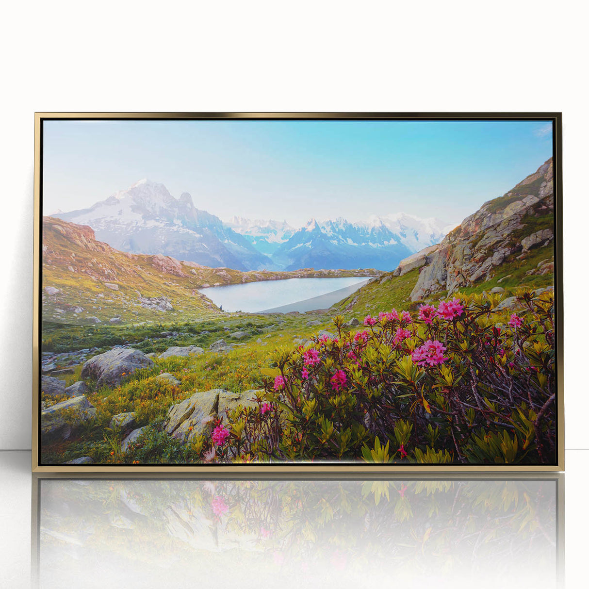 Art Deco style poster of the French Alps in muted gold and blue tones, acrylic framed, suitable for modern art wall decor.