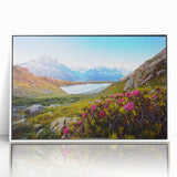 Mid-century modernist art depicting the French Alps in muted tones on a framed acrylic, ideal for nursery wall decor.