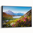 Black and white framed canvas depicting the French Alps, ideal for bedroom wall art with a vintage poster style.