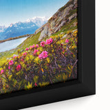 Extra large framed canvas depicting the French Alps in black with colorful, textured art details.