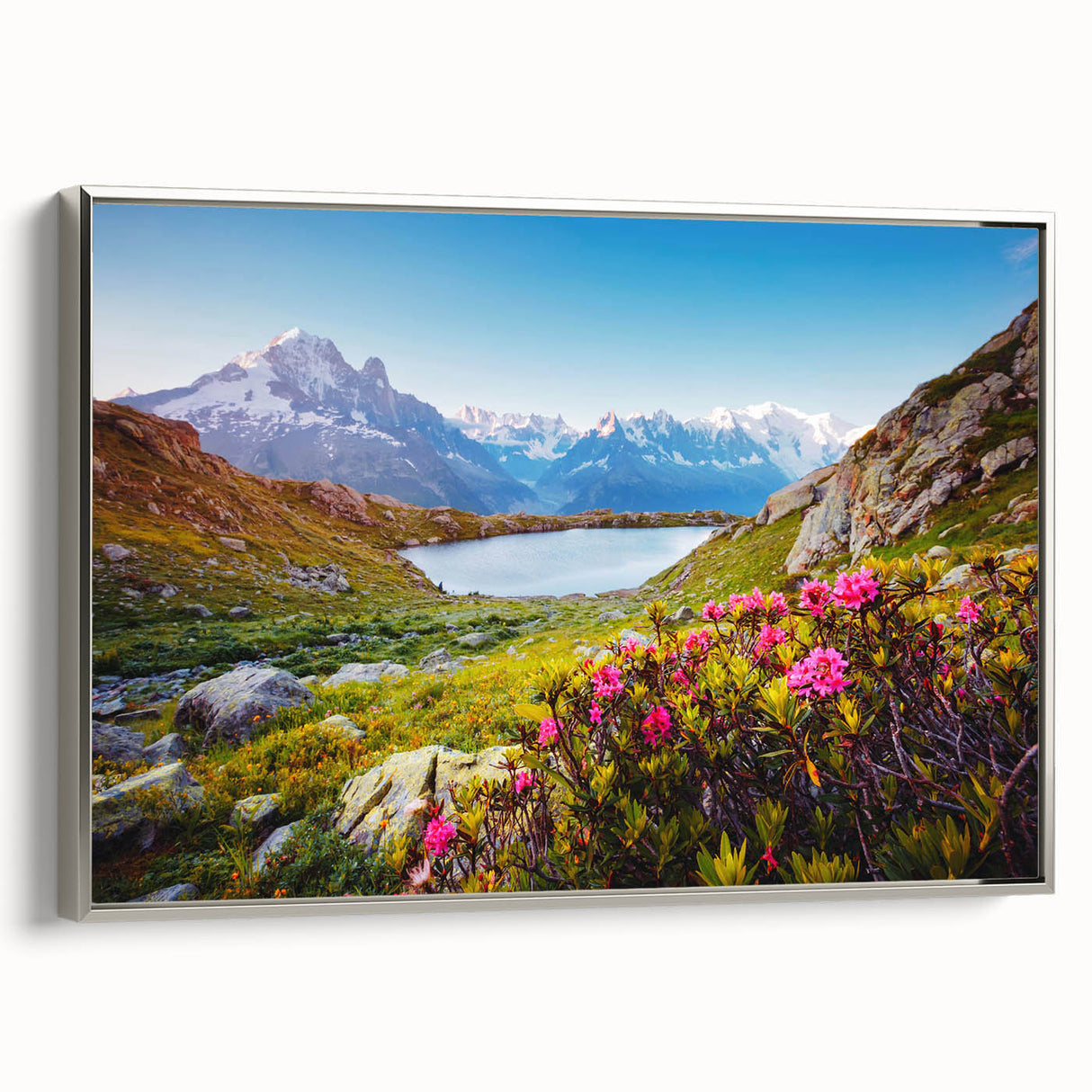 Landscape art painting of the French Alps in vibrant colors on a framed canvas, ideal for living room decor.