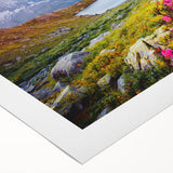 Art deco poster of the French Alps in muted blue and white tones on rolled canvas, suitable for dining room decor.