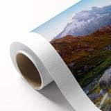 Art Deco poster of the French Alps in muted blue and green tones on rolled canvas, ideal for nursery wall art.