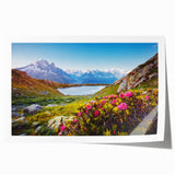 French Alps landscape in muted green and blue shades on a rolled canvas print, suitable for art wall dining room.