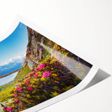 Extra large wall art featuring line art flowers over a French Alps scenery, in muted earth tones.