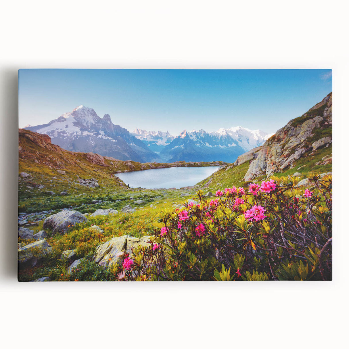 Black and white print of the French Alps on stretched canvas, ideal for kitchen wall art or bedroom ambiance.