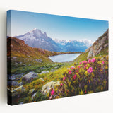French Alps landscape on large stretched canvas, featuring muted earthy tones, ideal for kitchen wall art.
