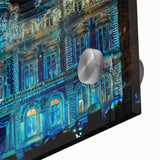 Mid-century modernist art of Lyon cityscape in muted earth tones on large acrylic glass, ideal for dining room art.