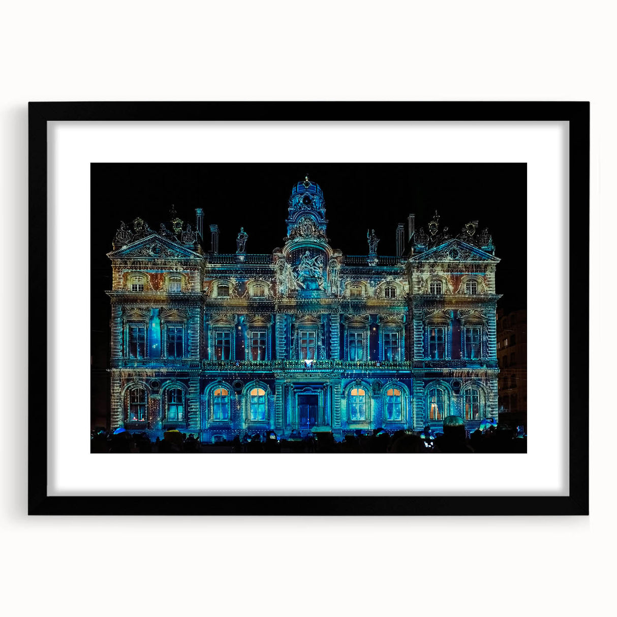 Extra large colorful abstract art print of Lyon scenery on textured canvas, framed in black, ideal for living room decor.