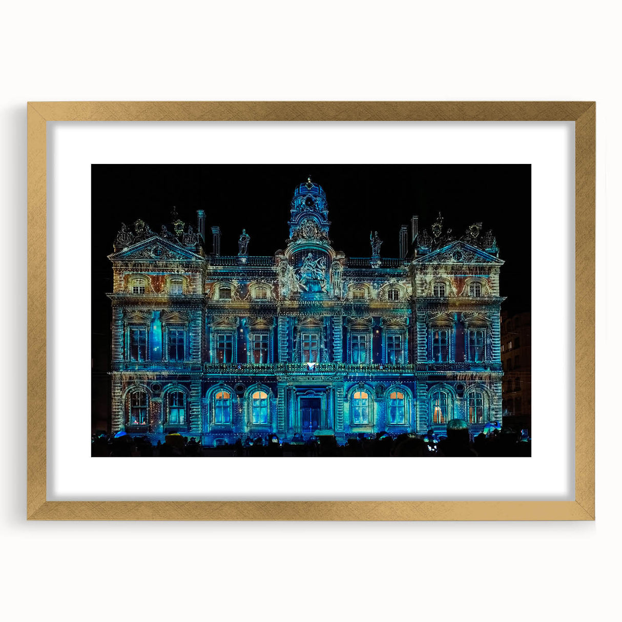 Abstract art print of Lyon cityscape in gold frame, featuring muted earth tones, ideal for dining room decor.