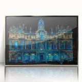 Large art print of Lyon, France scenery in mid-century modernist style, featuring vibrant colors on silver-framed acrylic.
