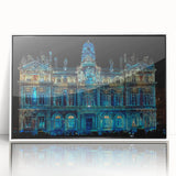 Mid-century modernist art of Lyon, France in muted earth tones on a white-framed acrylic, ideal for nursery wall art.