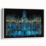 Vintage poster art of Lyon, France in vibrant colors on a large framed canvas, suitable for living room decor.