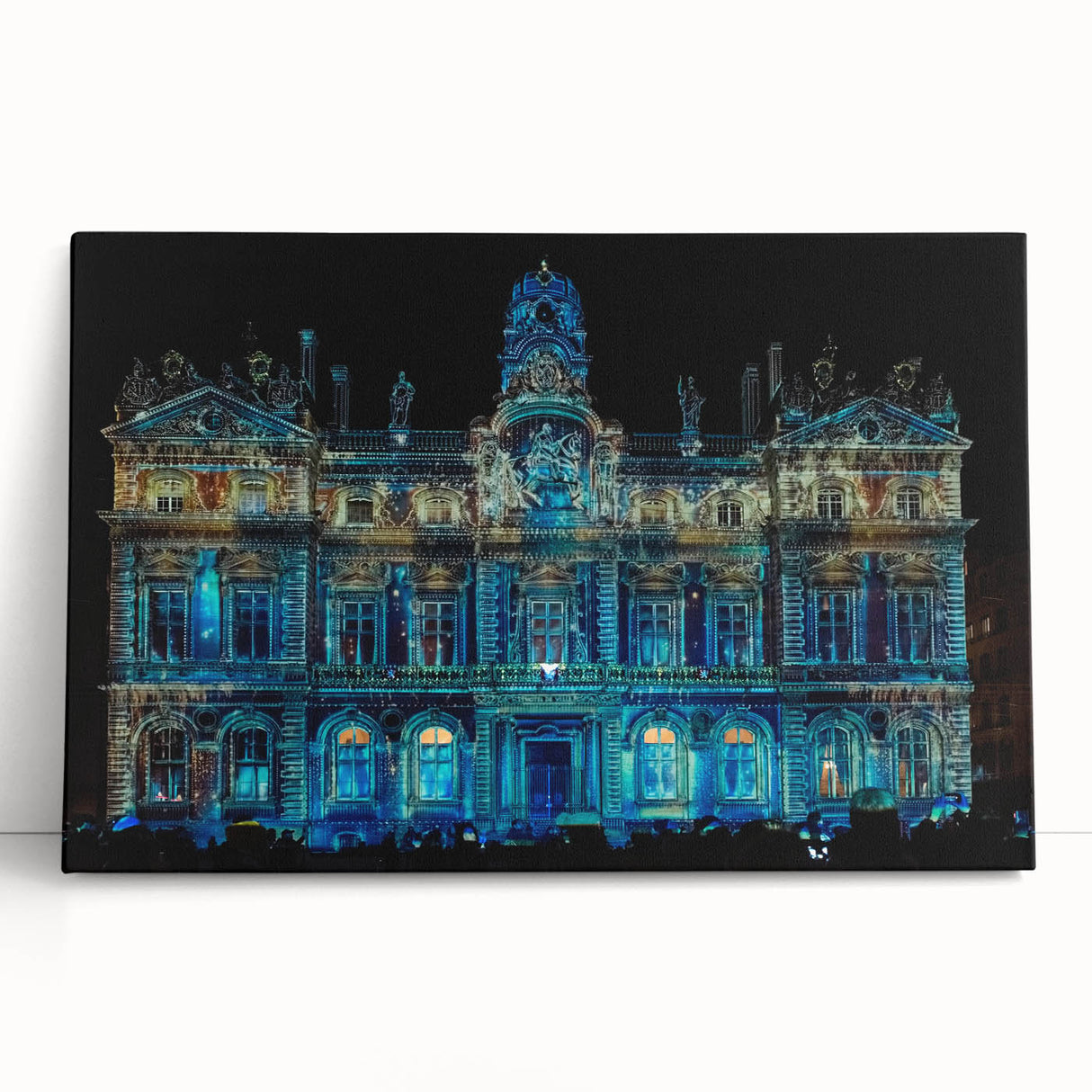 Black and white stretched canvas of Lyon, France scenery, ideal for kitchen wall art.