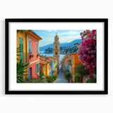Colorful abstract art print of a stylized Nice, France scenery in vibrant hues, framed in black, ideal for living room decor.