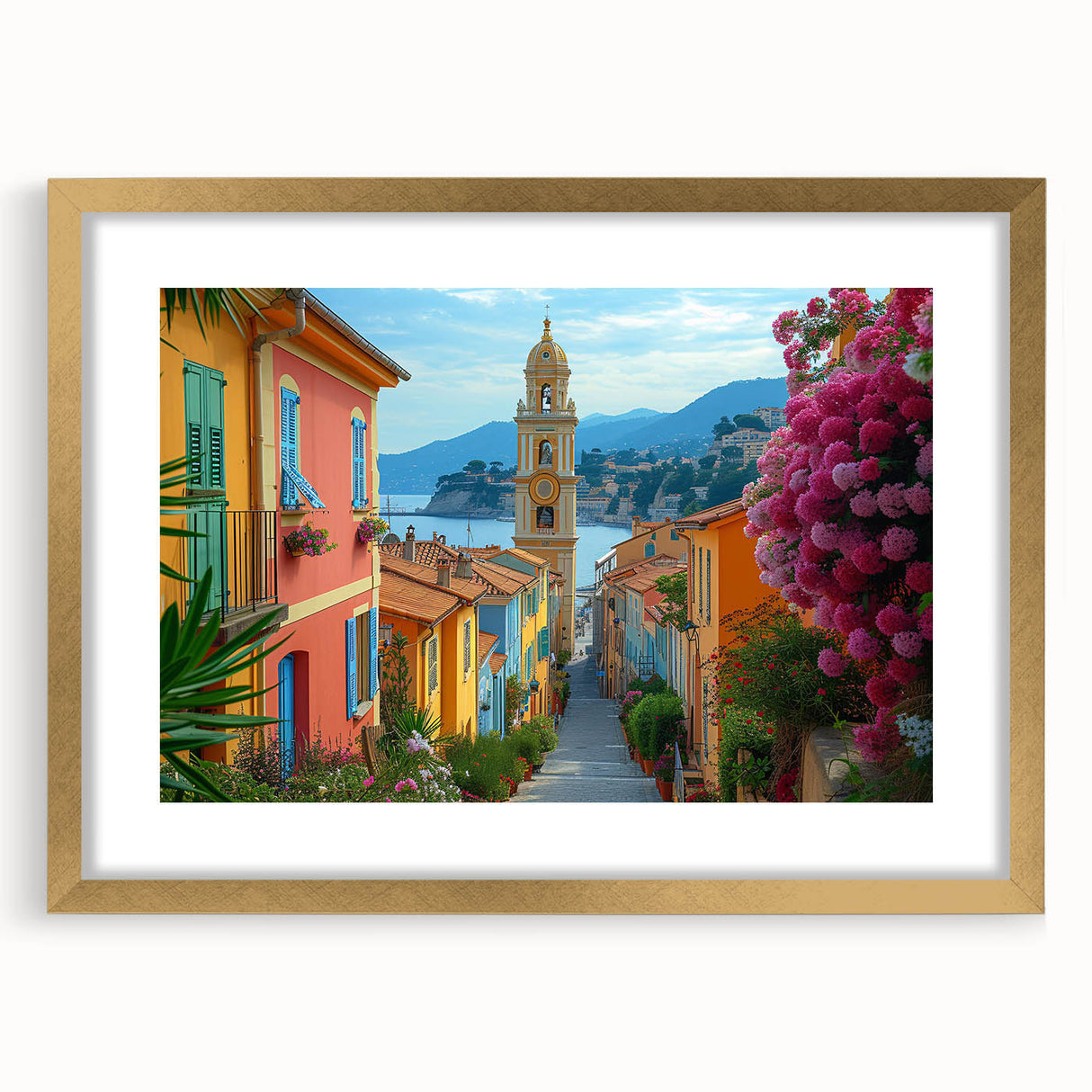 Abstract art print of a European scenery in Nice, France, featuring muted earth tones on a framed gold mat.