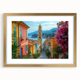 Abstract art print of a European scenery in Nice, France, featuring muted earth tones on a framed gold mat.