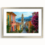 Extra large abstract art print of a textured European scenery, in muted earth tones, framed in silver.