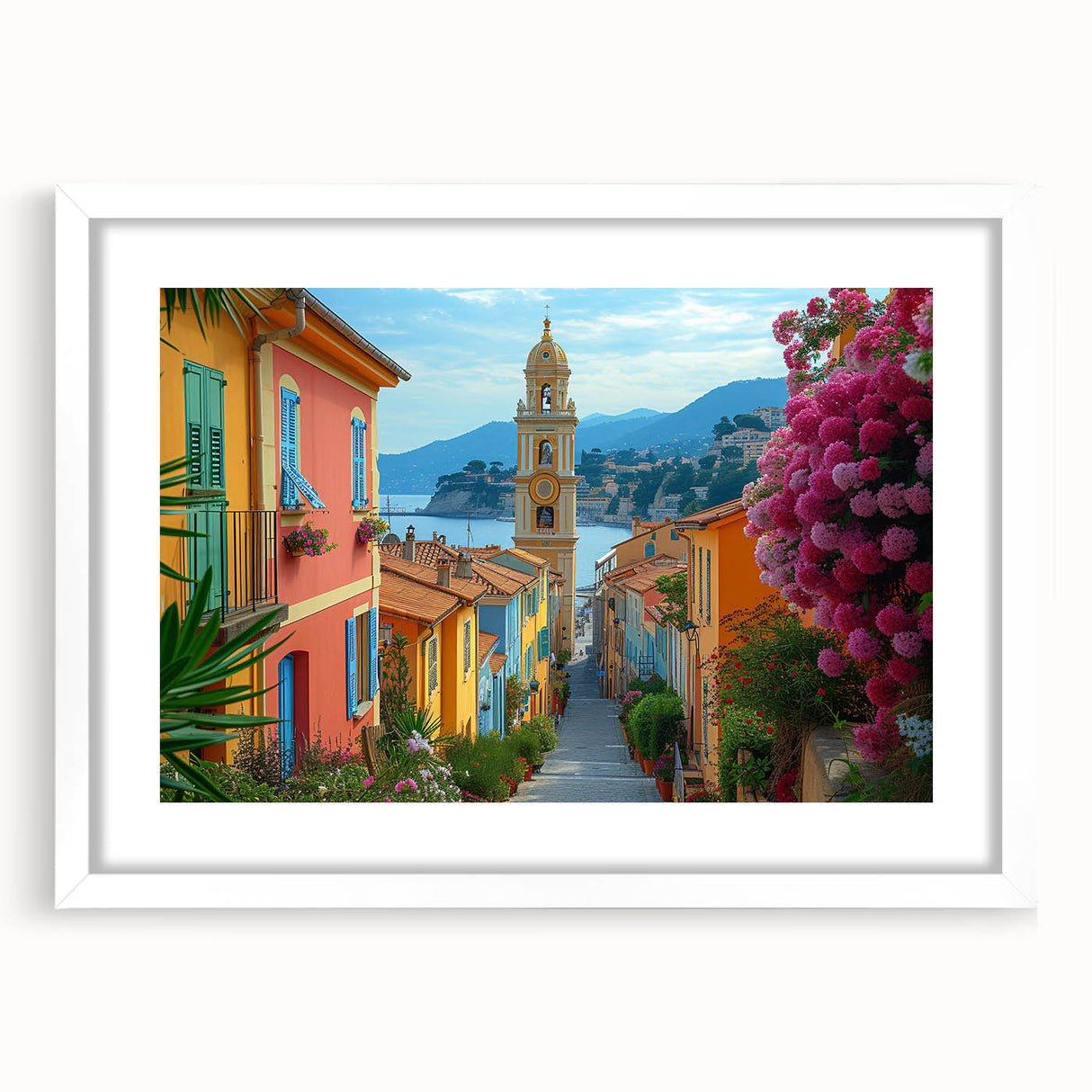 Textured abstract art print depicting a European scenery in muted earth tones, framed with a white mat.