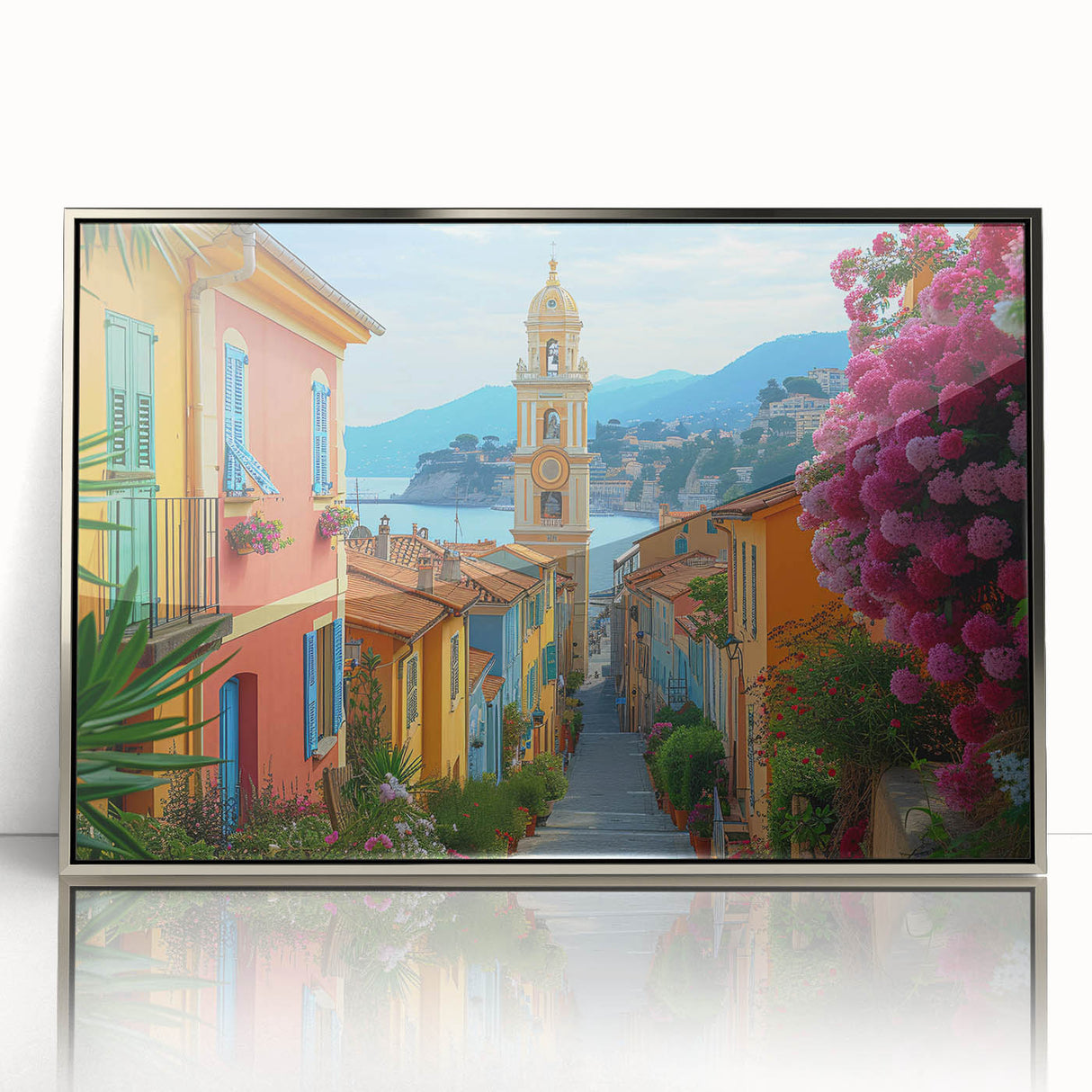 Mid-century modernist art of Nice, France cityscape in muted pastel shades on a framed acrylic print.