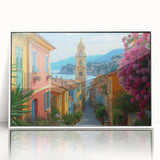 Mid-century modernist art depicting the Nice, France skyline in muted blue and white tones on framed acrylic.