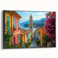 Black and white vintage poster art of a Nice, France landscape on framed canvas, ideal for bedroom wall decor.