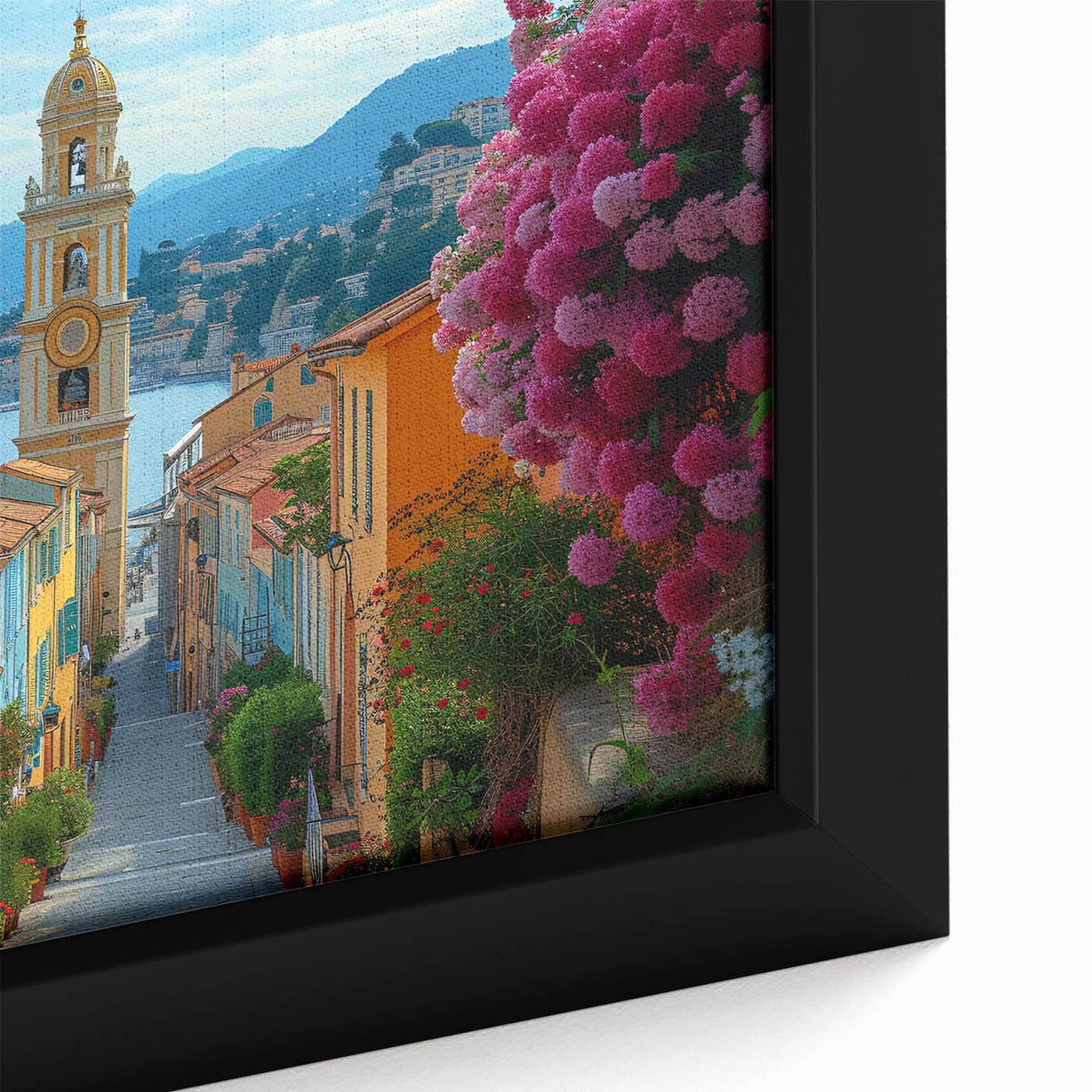 Extra large black wall art of Nice, France on textured canvas with vibrant colors, ideal for living room decor.