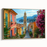 Framed canvas featuring a vintage-style landscape painting of Nice, France in muted gold and black tones.