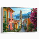 Vintage poster art of Nice, France in vibrant, colorful hues on extra large framed canvas, ideal for living room decor.