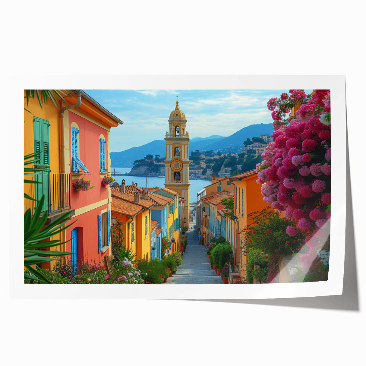Extra large rolled print of a floral scene in Nice, France, with muted earth tones, ideal for art wall dining room.