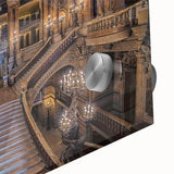 Large abstract depiction of the Paris skyline in muted blue and gray tones on acrylic glass, ideal for dining room art.