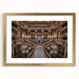 Abstract art print of Paris skyline in gold frame, with muted earth tones, ideal for dining room decor.