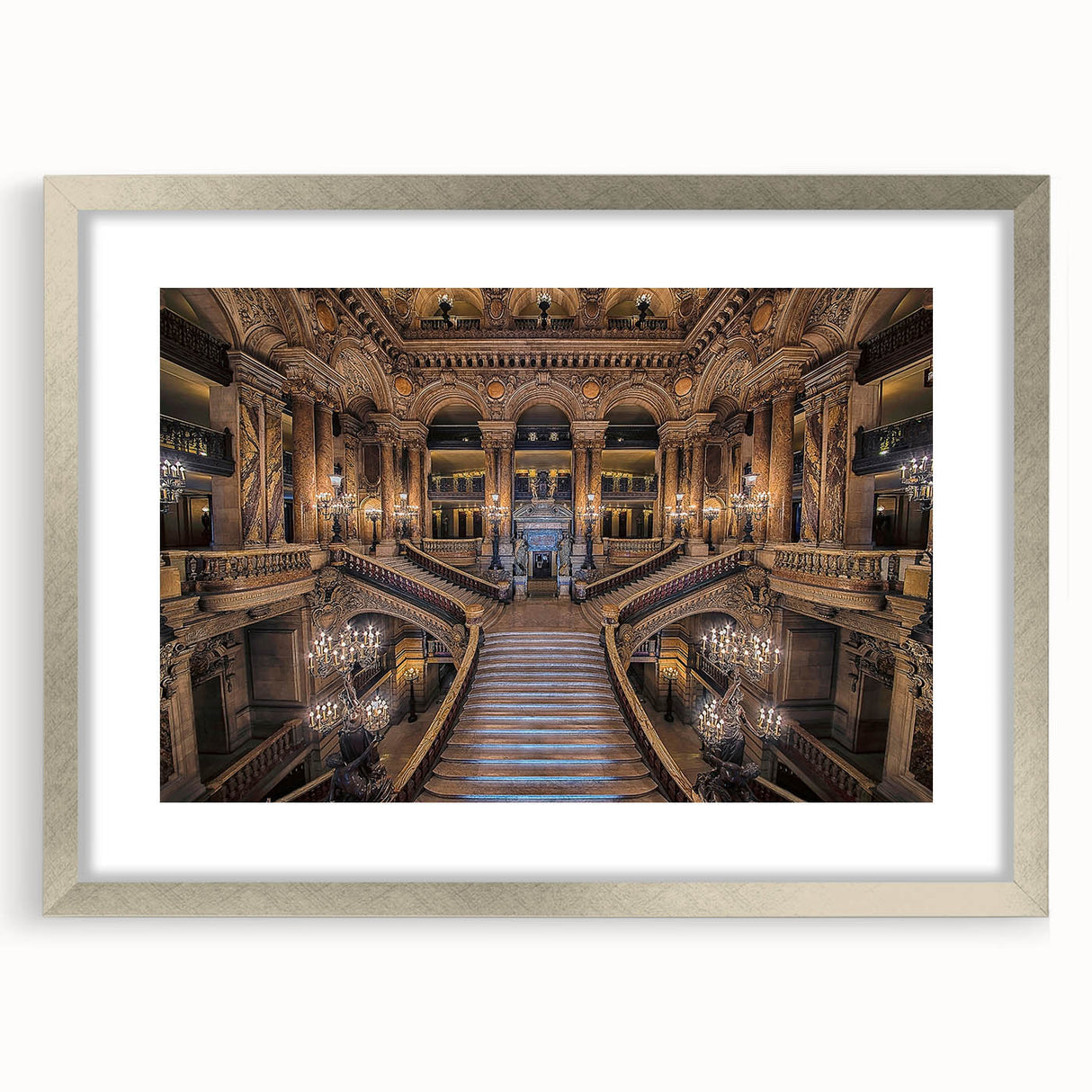 Extra large wall art of an abstract Paris scenery in textured silver frame, ideal for living room decor.
