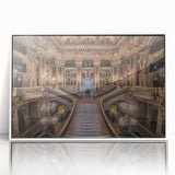 Mid-century modernist art of Paris scenery in muted colors on a white-framed acrylic, suitable for modern art wall decor.