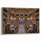 Framed canvas of a vintage Paris landscape in black and gold tones, ideal for bedroom wall art.