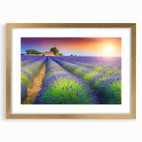 Abstract art print of Provence scenery in muted earth tones, framed in gold, suitable for dining room decor.