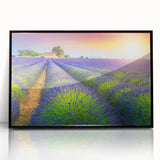 Large abstract wall art depicting a serene Provence scenery in muted earth tones, framed in black acrylic.