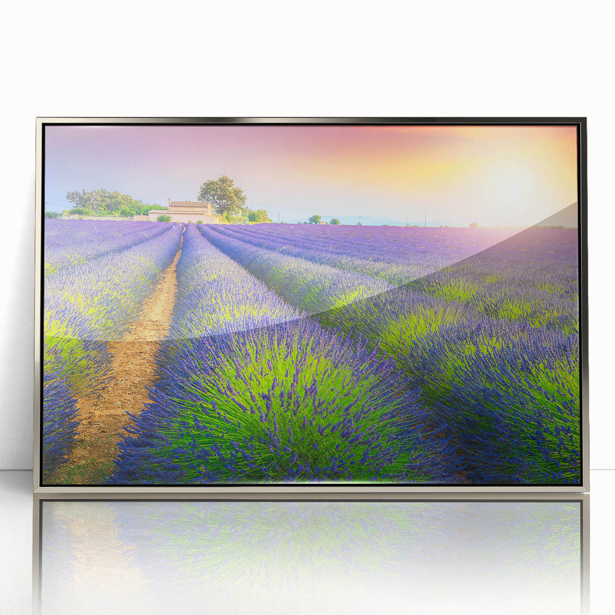 Large art print of a Provence landscape in muted earth tones on a silver-framed acrylic, ideal for modern art wall decor.