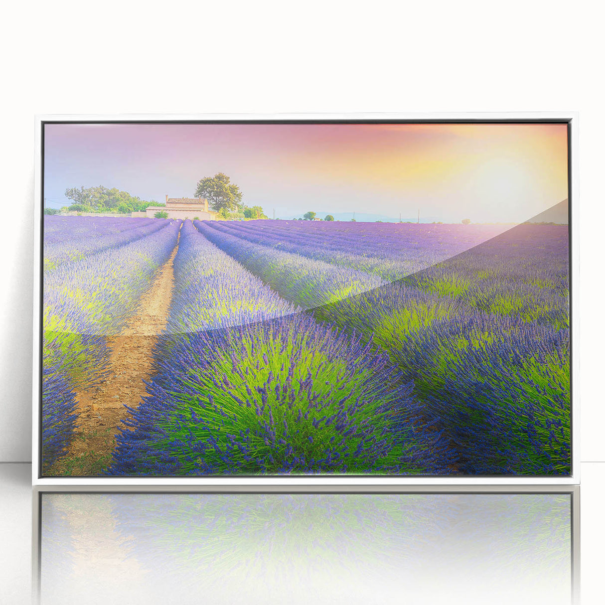 Mid-century modernist art of Provence landscape in muted earth tones on a white framed acrylic, ideal for nursery wall art.