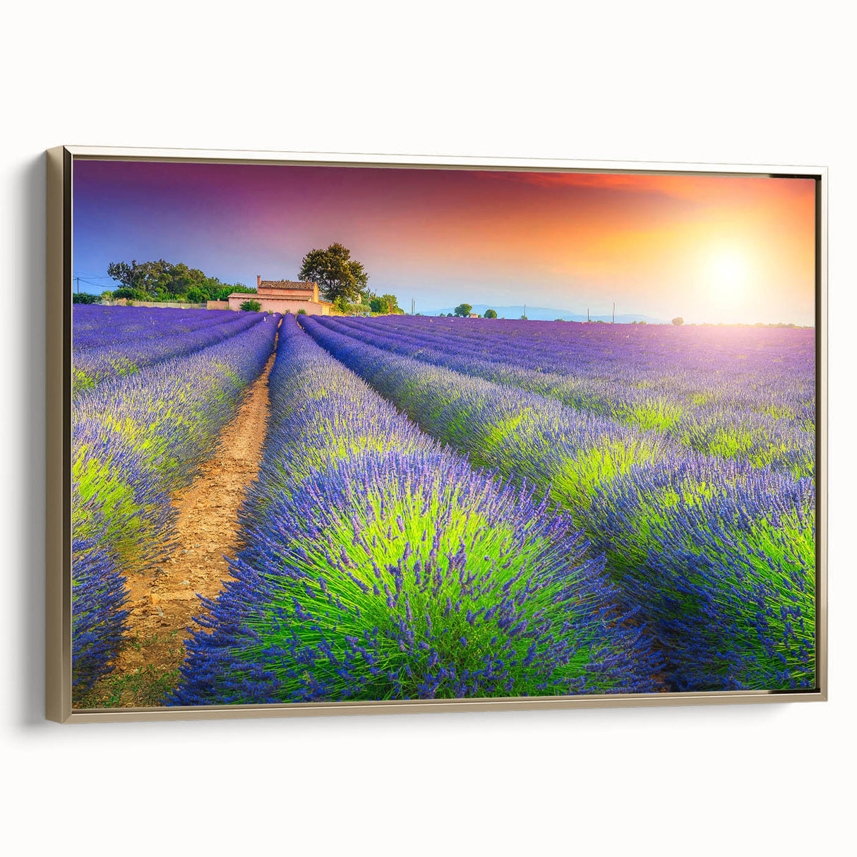Framed canvas depicting a vintage-style Provence landscape in muted gold and black tones, ideal for bedroom wall art.