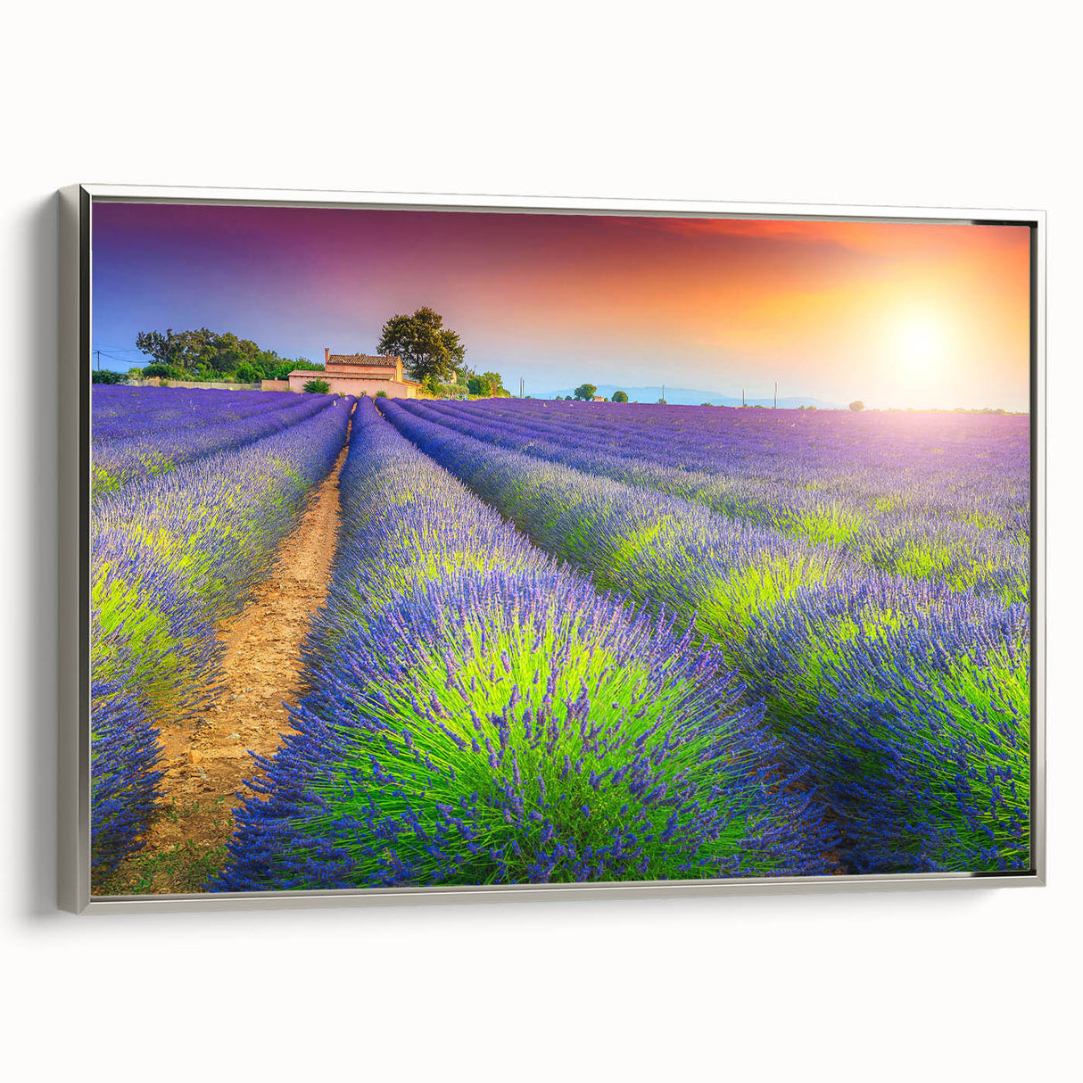 Landscape art painting of Provence featuring colorful fields and a vintage poster style, framed in silver.