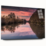 Large abstract wall art featuring a serene European landscape in muted earth tones, printed on acrylic glass.