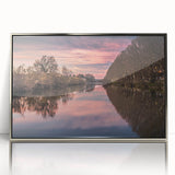 Large art print of a mid-century modernist French landscape in silver framed acrylic, ideal for nursery wall decor.