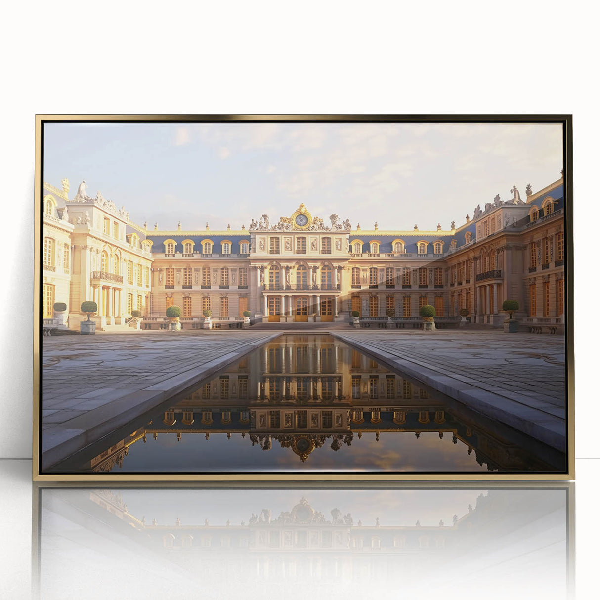 Art Deco poster of Versailles scenery on framed acrylic, featuring gold and green tones, suitable for modern art wall decor.